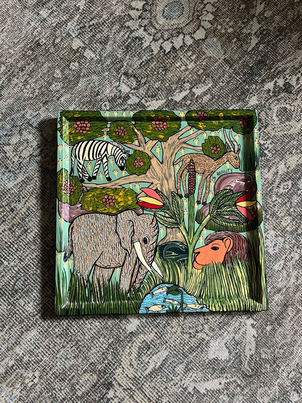 Hand-Painted African Folk Art Wooden Plaque Safari Wildlife Scene signed Beauty